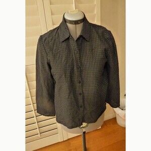 Eileen Fisher Wool Viscose textured plaid sheer dark gray button shirt PS
